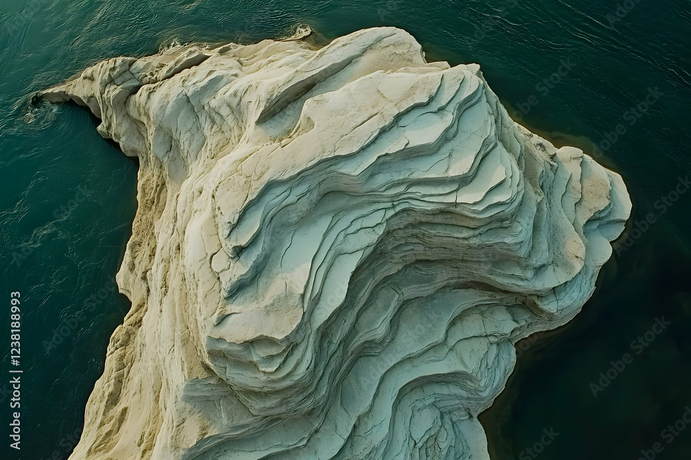 Obraz premium Aerial view layered rock formation, turquoise water, sunset, travel brochure