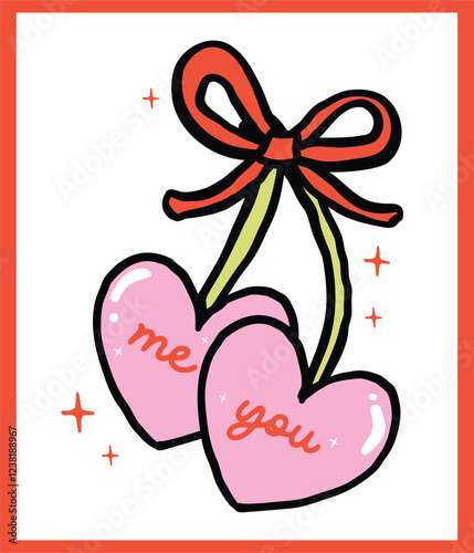 Retro Two Heart Cherries with bow You and Me Outline Bold Line Hand Drawn in Vibrant Red and Pinj