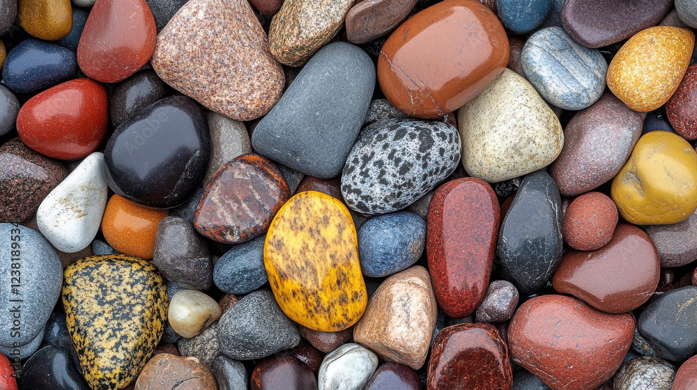 A close-up view of various smooth, colorful pebbles arranged together. A close-up view of various smooth, colorful pebbles arranged together.