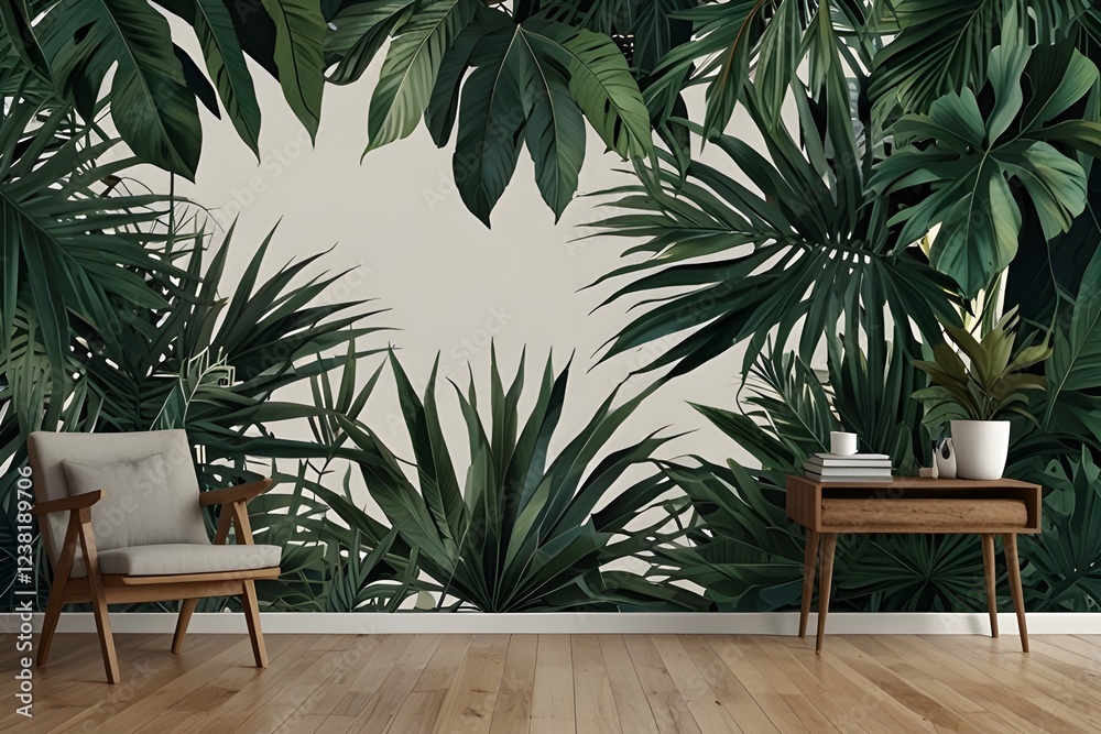Fototapeta premium Palm leaves, palm branches, abstract drawing, tropical leaves.Photo wallpapers for walls Generative AI