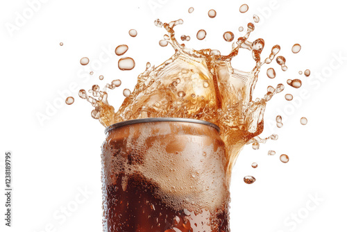  A cola can opened with fizzing cola splashing out,  on transparent background