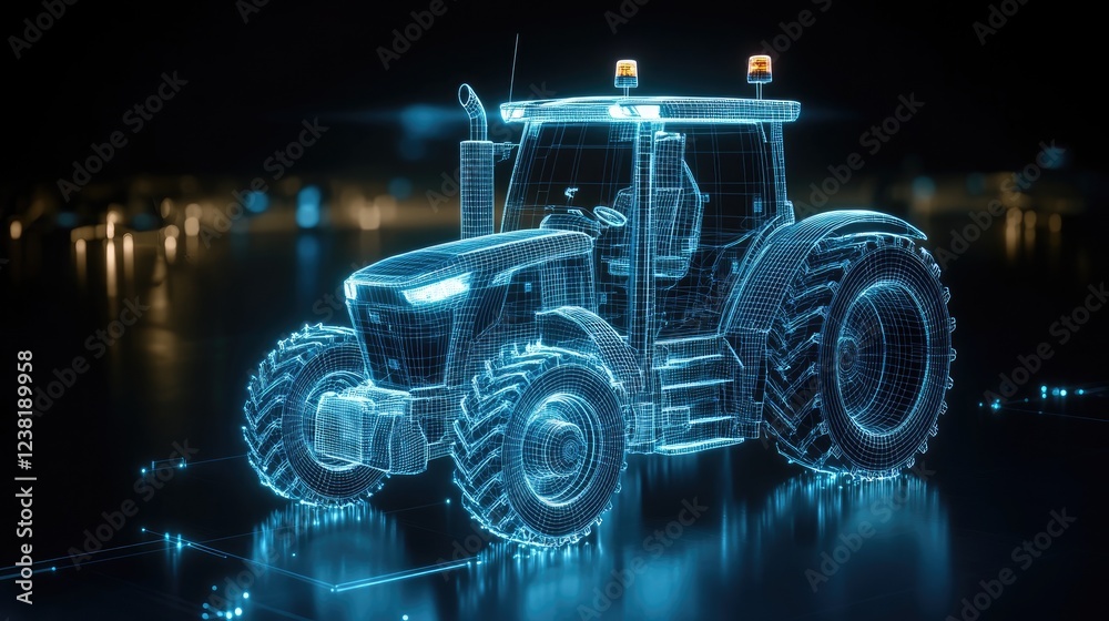 Fototapeta premium A glowing wireframe tractor reveals intricate electronics against a dark blue backdrop, merging technology with agriculture