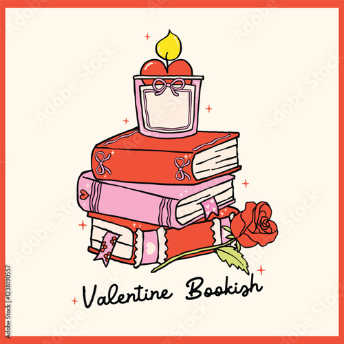 Retro Valentine Bookish Stack Book Love Whimsical Bold Lined Hand Drawn