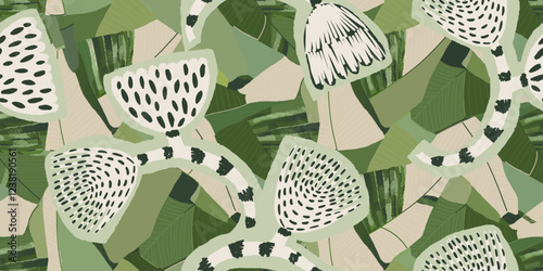Artistic hand drawn botanical print. Unique plants illustrations collage seamless pattern. 