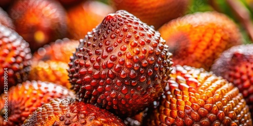 Aerial close-up: glistening salak snake fruit, water droplets clinging to the zalacca skin. photo