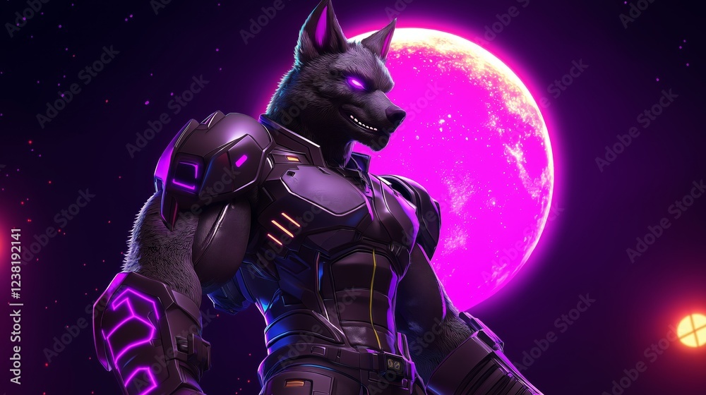 Naklejka premium Cyberpunk Werewolf Under Pink Moon