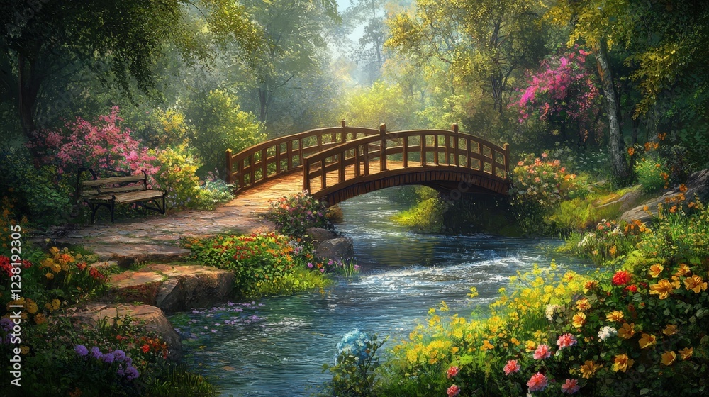 footbridge over a small river in a park, with flowers blooming along the riverbanks. The bridge offers a quiet escape from the city, surrounded by nature. footbridge over a small river in a park, with flowers blooming along the riverbanks. The bridge offers a quiet escape from the city, surrounded by nature.
