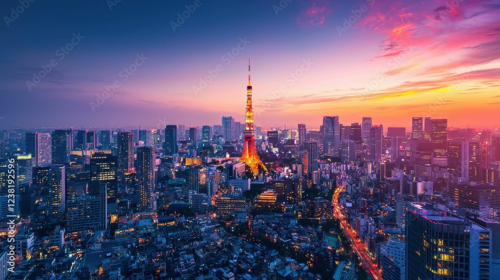 Obraz premium Stunning Tokyo Skyline at Dusk with Iconic Tower and City Lights
