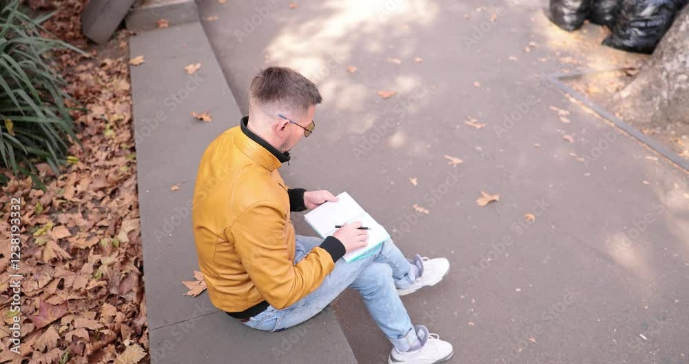 Young man sits on concrete bench making notes in paper notebook in park. Writer in yellow jacket engages in creative activity enjoying weather slow motion Young man sits on concrete bench making notes in paper notebook in park. Writer in yellow jacket engages in creative activity enjoying weather slow motion
