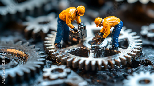 A miniature factory with gears turning, symbolizing productivity and industrial expansion photo