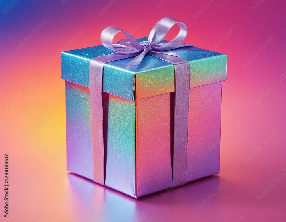 Fototapeta premium A vibrant, pastel gift box with a bow against a colorful gradient background.