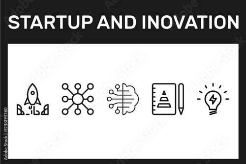 startup and innovation line icons business icon, rocket, bulb, network, tech brain.