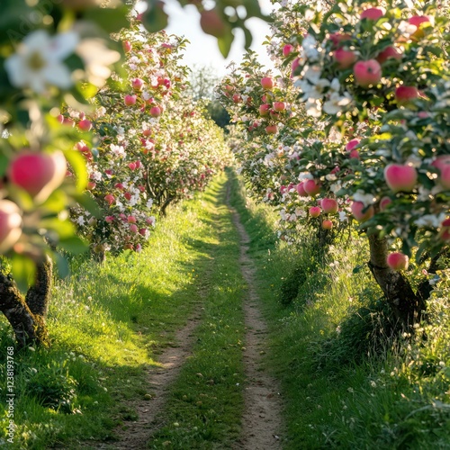 nrrow rurl pth lined with pple trees in full bloom photo