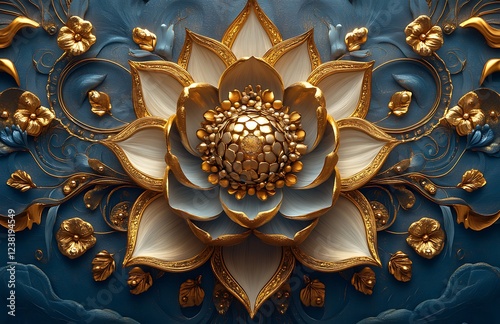 Intricate Gold and Blue Floral Design Featuring Detailed Lotus Blossom with Delicate Petals and Ornamental Embellishments

