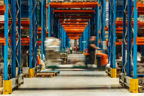 Warehouse workers operating forklifts in busy distribution center photo