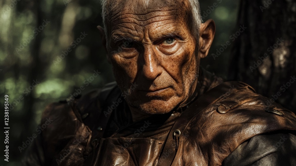 Intense Gaze of an Elderly Man with Birchwood Background