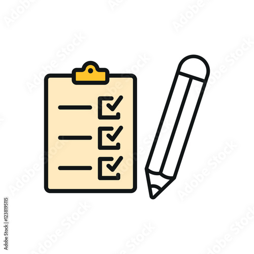 Clipboard and pencil set stationery icon in flat style, featuring a clipboard with paper and a sharp pencil, perfect for office, school, and productivity themes.