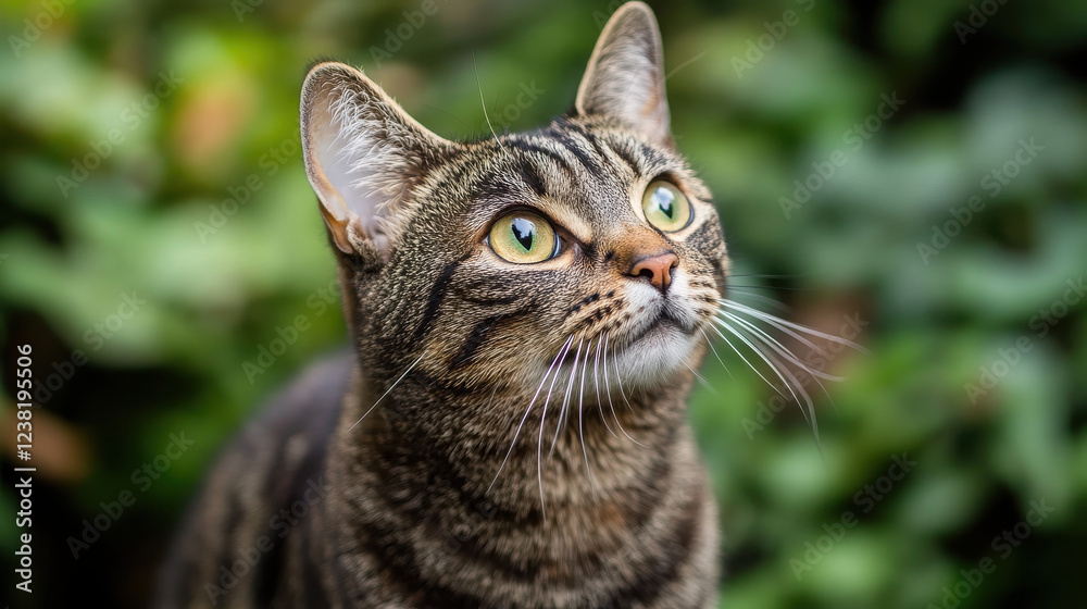 A curious tabby cat gazes upwards, surrounded by greenery.