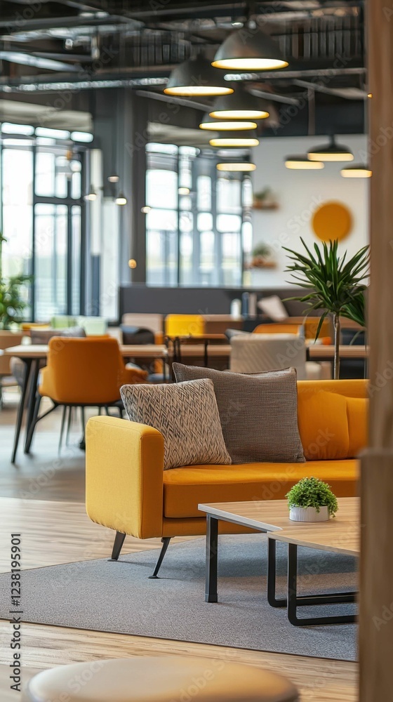 Fototapeta premium Modern Office Interior with Yellow Sofa and Bright Decor Elements
