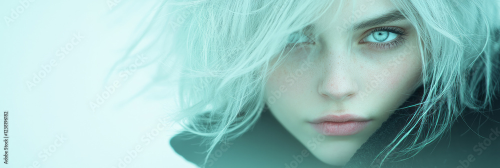 A moody side-angle shot highlighting the graceful cascade of her gray locks and the ethereal glow of her white eyes, set against a subtle, neutral background, A moody side-angle shot highlighting the graceful cascade of her gray locks and the ethereal glow of her white eyes, set against a subtle, neutral background,