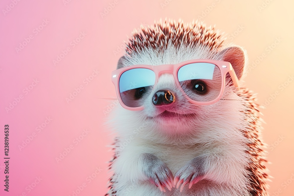 A charming hedgehog in sunglasses, set against a pastel backdrop for an editorial.blank templated, rule of thirds, space for text, isolated white background neon light, extreme right, rule of third A charming hedgehog in sunglasses, set against a pastel backdrop for an editorial.blank templated, rule of thirds, space for text, isolated white background neon light, extreme right, rule of third