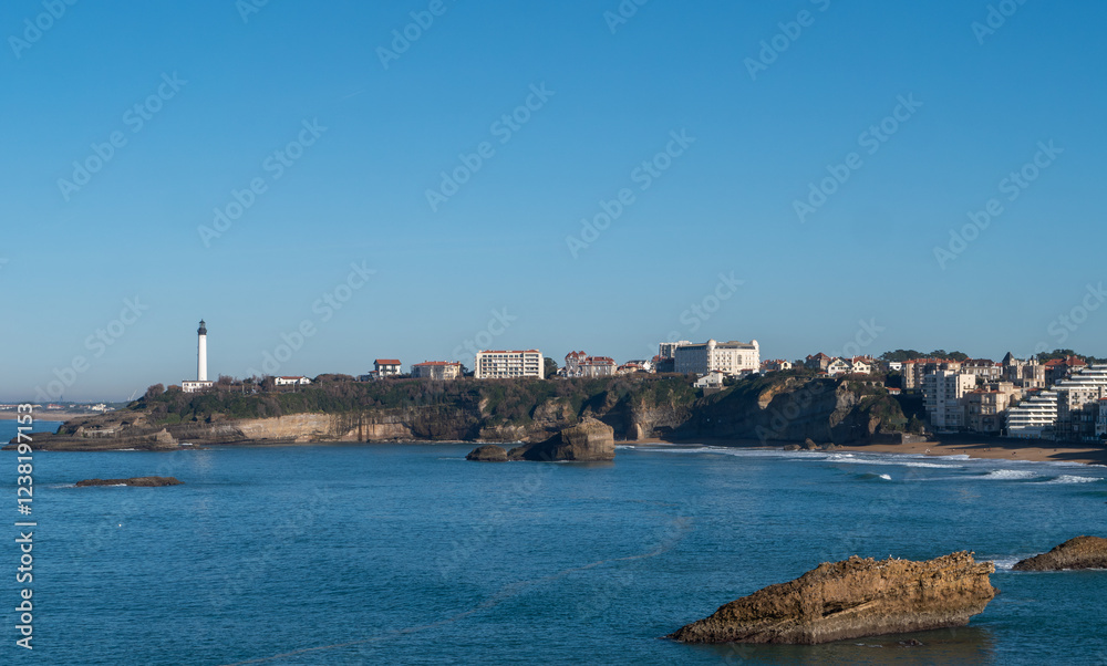 view of the beach of Biarritz city, famous for the practice of surfing,France