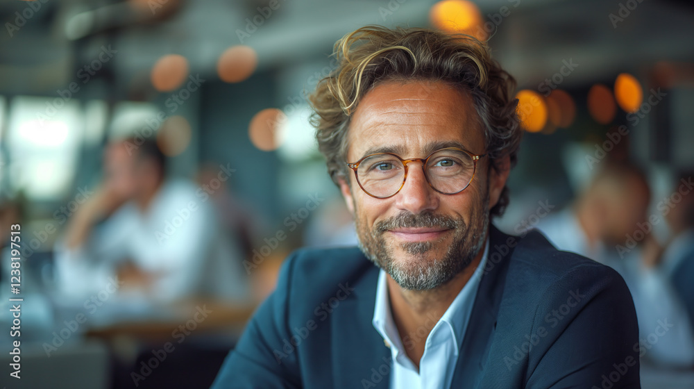 Fototapeta premium mature businessman in navy blue suit with glasses smiling in the office