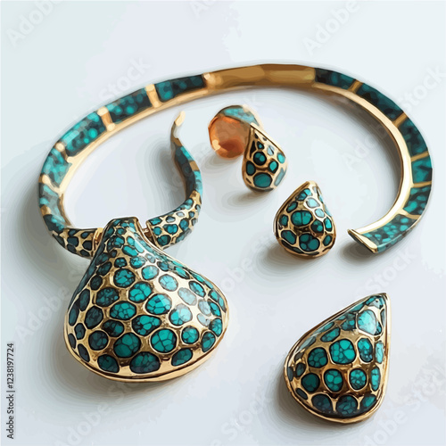 Nishapur turquoise sets feature stunning blue-green gemstones with a rich history. The unique veining patterns make each piece one of a kind.

