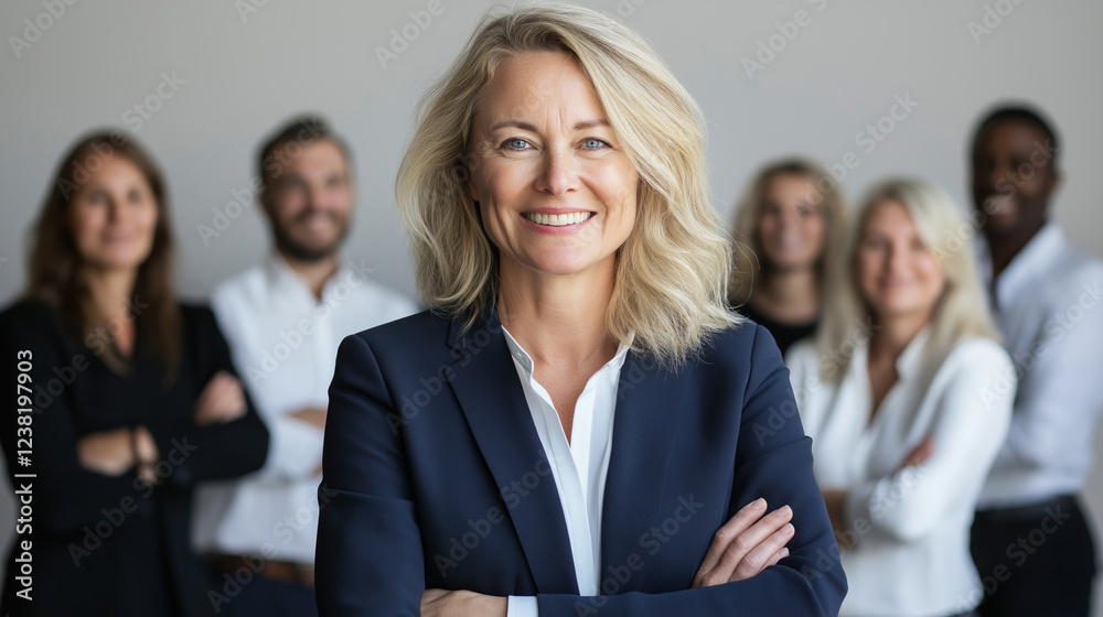 adult woman crossing arms and smiling while standing in front of her team adult woman crossing arms and smiling while standing in front of her team