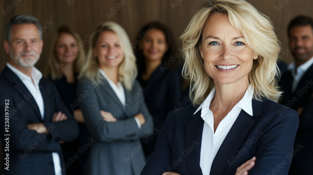 beautiful mature woman with blonde hair smiling and crossing arms beautiful mature woman with blonde hair smiling and crossing arms