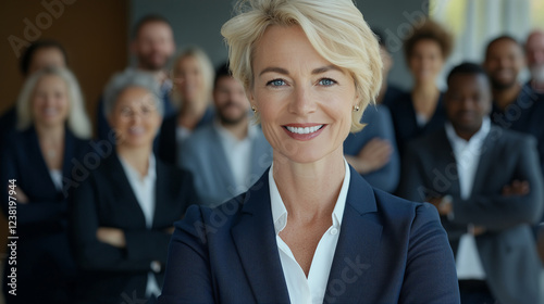 confident lady taking the role of CEO and posing in front of her bussines team photo