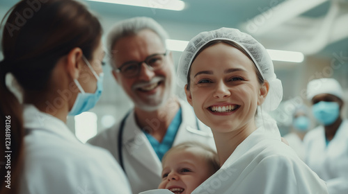 happy patient holding her kid while doctors are watching photo