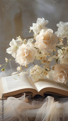 Beautiful bouquet of white roses and opened book, artistic photo, soft focus.