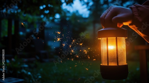 person using a bug zapper in their backyard to eliminate flying insects.