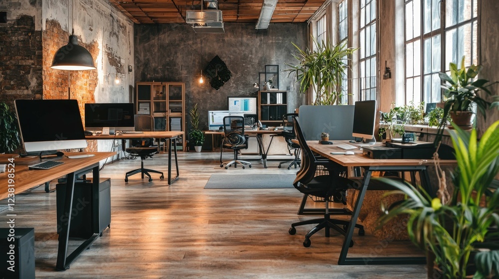 Fototapeta premium Modern Industrial Office Space with Natural Light and Greenery