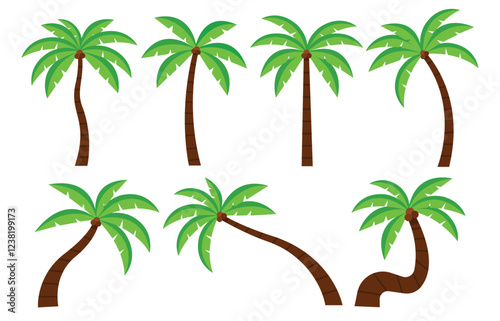 simple vector illustration of coconut or palm trees with various shapes of curved and straight trunks. Minimalist design, suitable for tropical projects, beach designs, or Ramadan themes