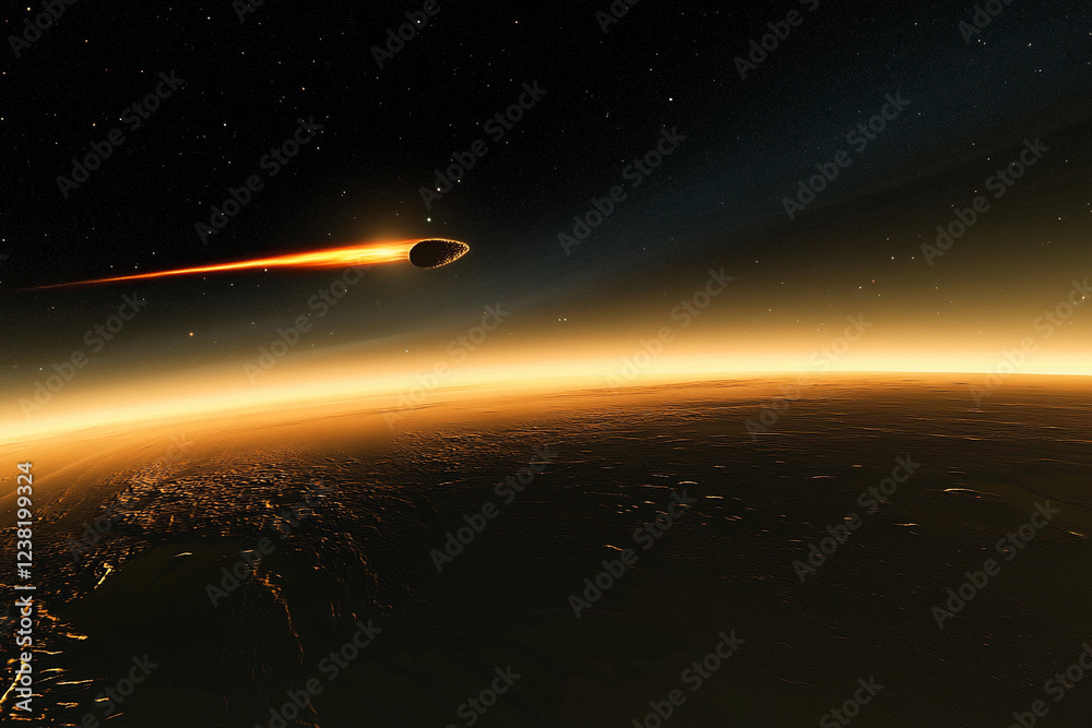 Naklejka premium Comet streaks past a rocky surface under a starry sky in a breathtaking cosmic display at night