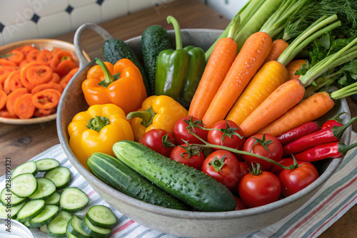 Fresh organic vegetables from the garden, cucumbers, tomatoes, bell peppers, carrots in white bowls on a wooden table