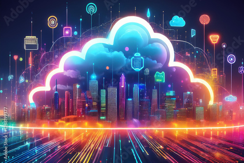 Cloud Computing smart city, skyline. Royalty high-quality free best stock of Cityscape Connections. Digital data transfer with computing networked across. Data storage, service, synchronize, online