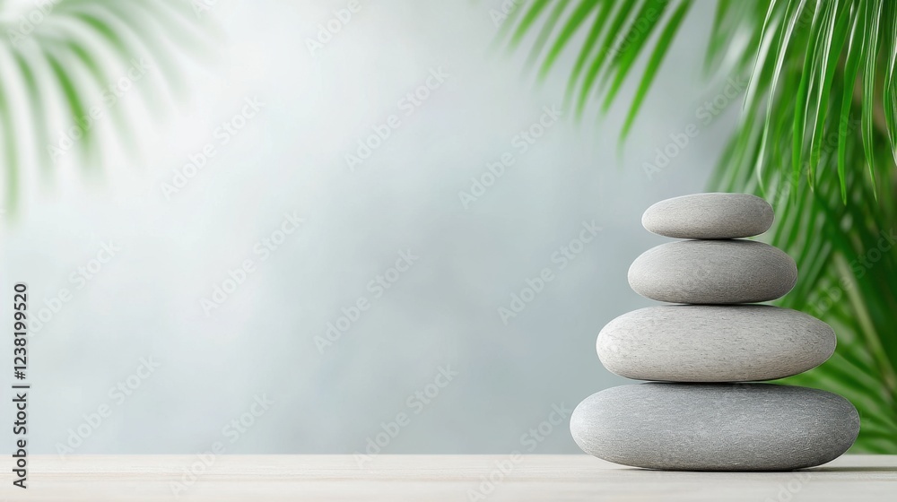 Tranquil Stack of Smooth River Stones Surrounded by Lush Green Leaves for Mindfulness and Relaxation Themes Tranquil Stack of Smooth River Stones Surrounded by Lush Green Leaves for Mindfulness and Relaxation Themes