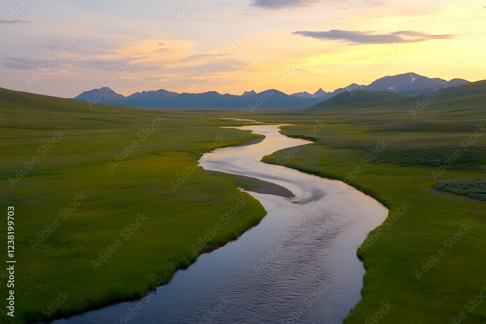 Fototapeta premium Serpentine river sunset, mountain valley landscape, aerial view