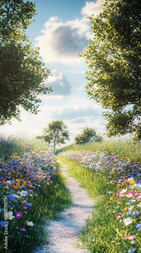 serene medow pth covered in wildflowers under  bright cloudless sky photo