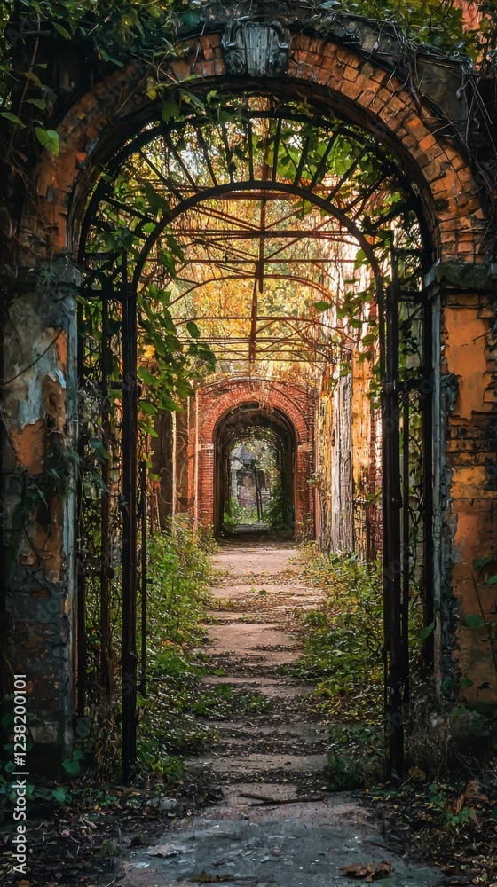 Fototapeta premium Abandoned path in overgrown ruins with autumn foliage surrounding
