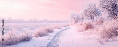 snow-covered tril leding to  frozen lke under  pstel pink sky photo