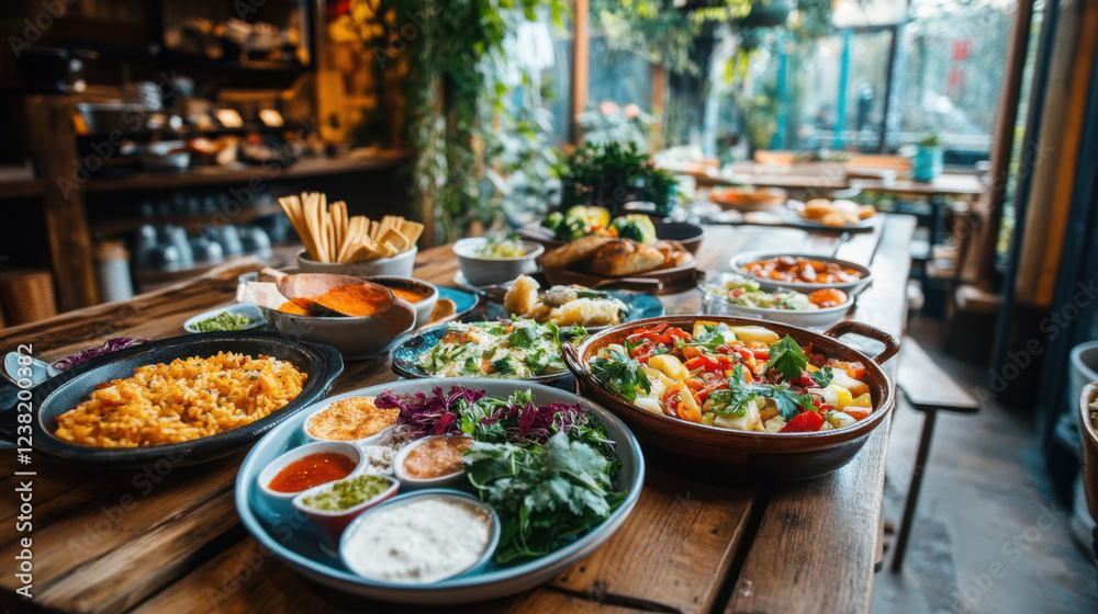 Obraz premium vibrant spread of delicious dishes rustic wooden table, showcasing fresh ingredients and