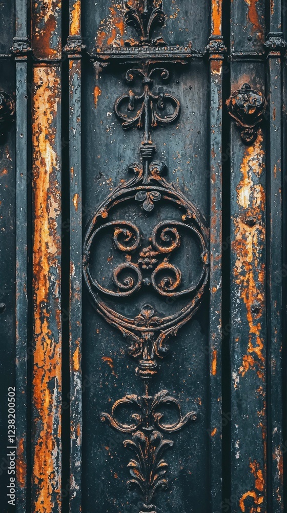 Ornate Wrought Iron Door Detail with Rust and Patina Finish Ornate Wrought Iron Door Detail with Rust and Patina Finish