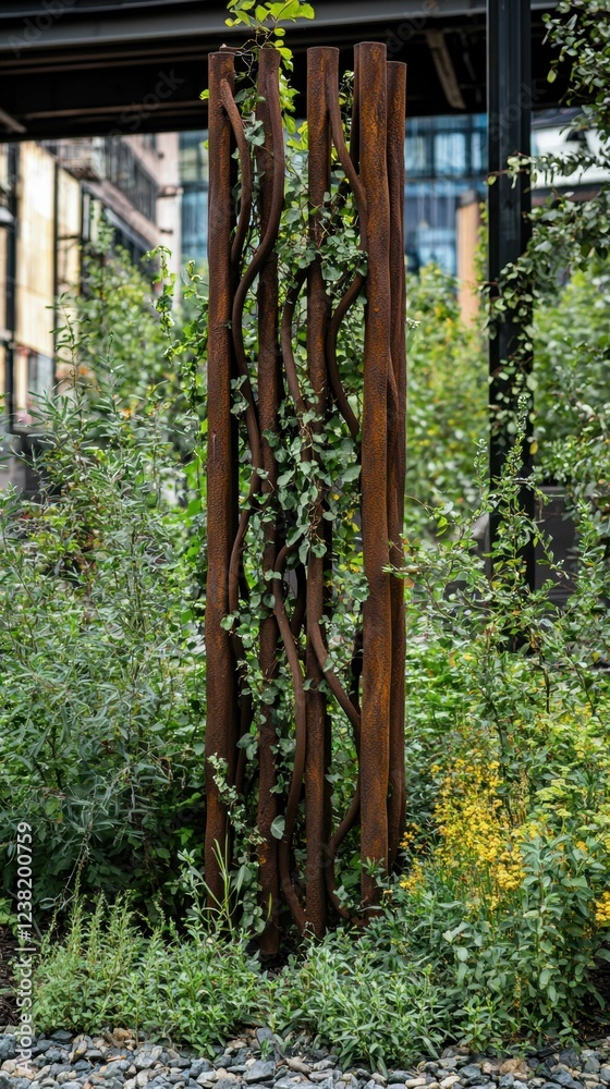 Modern Garden Sculpture Surrounded by Lush Greenery and Plants Modern Garden Sculpture Surrounded by Lush Greenery and Plants