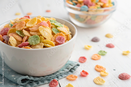 Brightly colored cornflakes in a white bowl