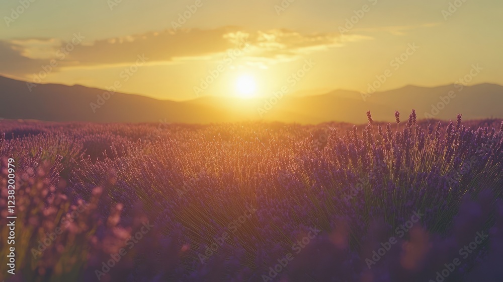 Obraz premium lavender field stretching into the distance under a golden sunset, radiating calmness and romance