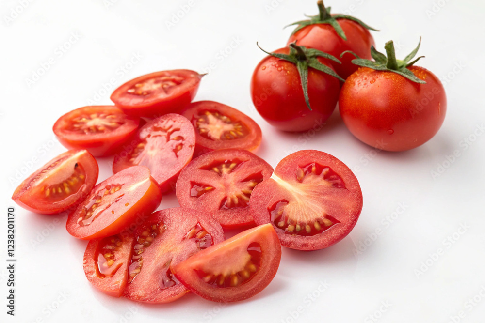 Tomatoes and sliced tomatoes on a white screen Tomatoes and sliced tomatoes on a white screen